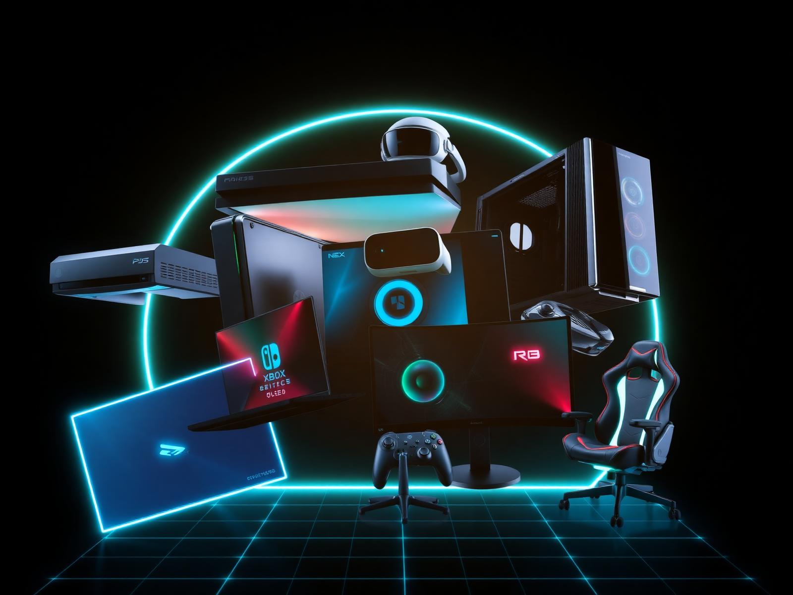 Gaming products bundle — PS5, Xbox, Switch, gaming PC, VR, monitor and chair
